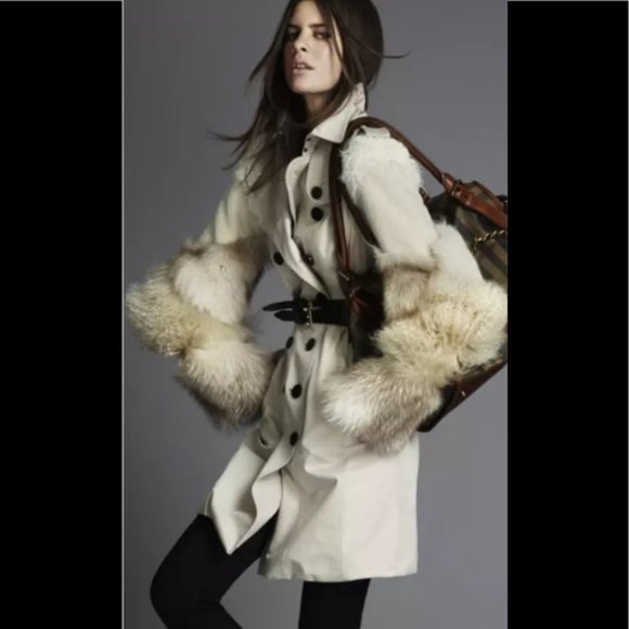 5K Burberry London runway aviator trench coat fox lamb fur quilted plaid US 2 4 - Picture 1 of 17